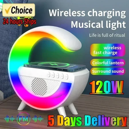 15W Wireless Charger Station Bluetooth Speaker RGB Desk Lamp Light Alarm Clock For iPhone Samsung Xiaomi Fast Charging Stand Pad