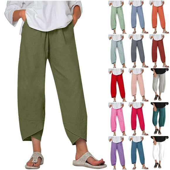 PBNBP Linen Pants for Women,Summer Pants for Women Plus Size Casual Cotton Linen Wide Leg Drawstring Elastic Waist Capris Crop Pants with Pockets