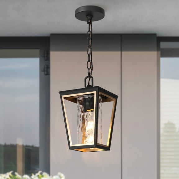 LNC 1-Light Frosted Black and Gold Outdoor Pendant With Textured Glass Shade