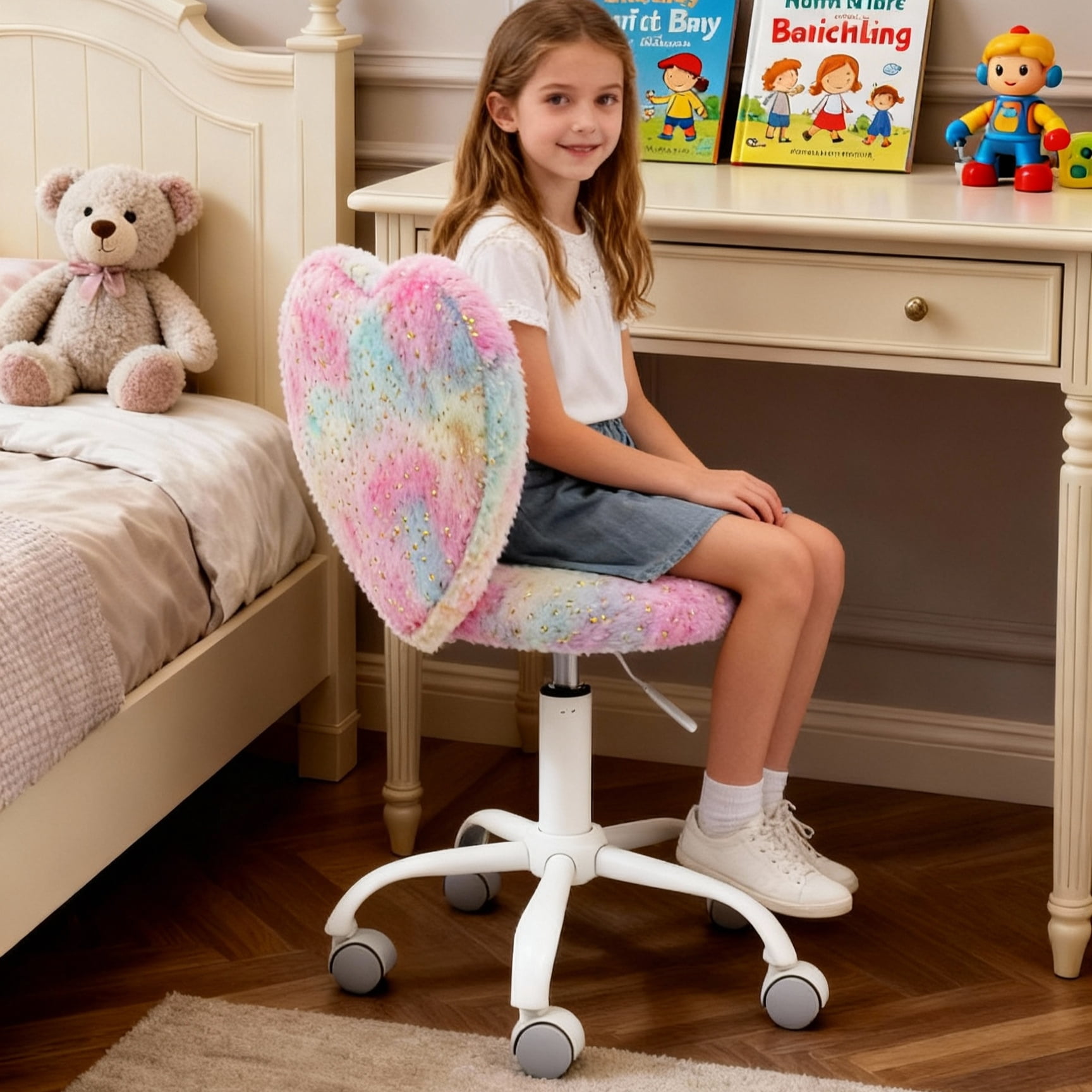 Guyou Cute Fuzzy Kids Chair, Faux Fur Rolling Swivel Children Desk Chair, Adjustable Student Task Chair Vanity Chair with Heart Shaped Back for Bedroom Living Room Study Room Kids Room , Colorful