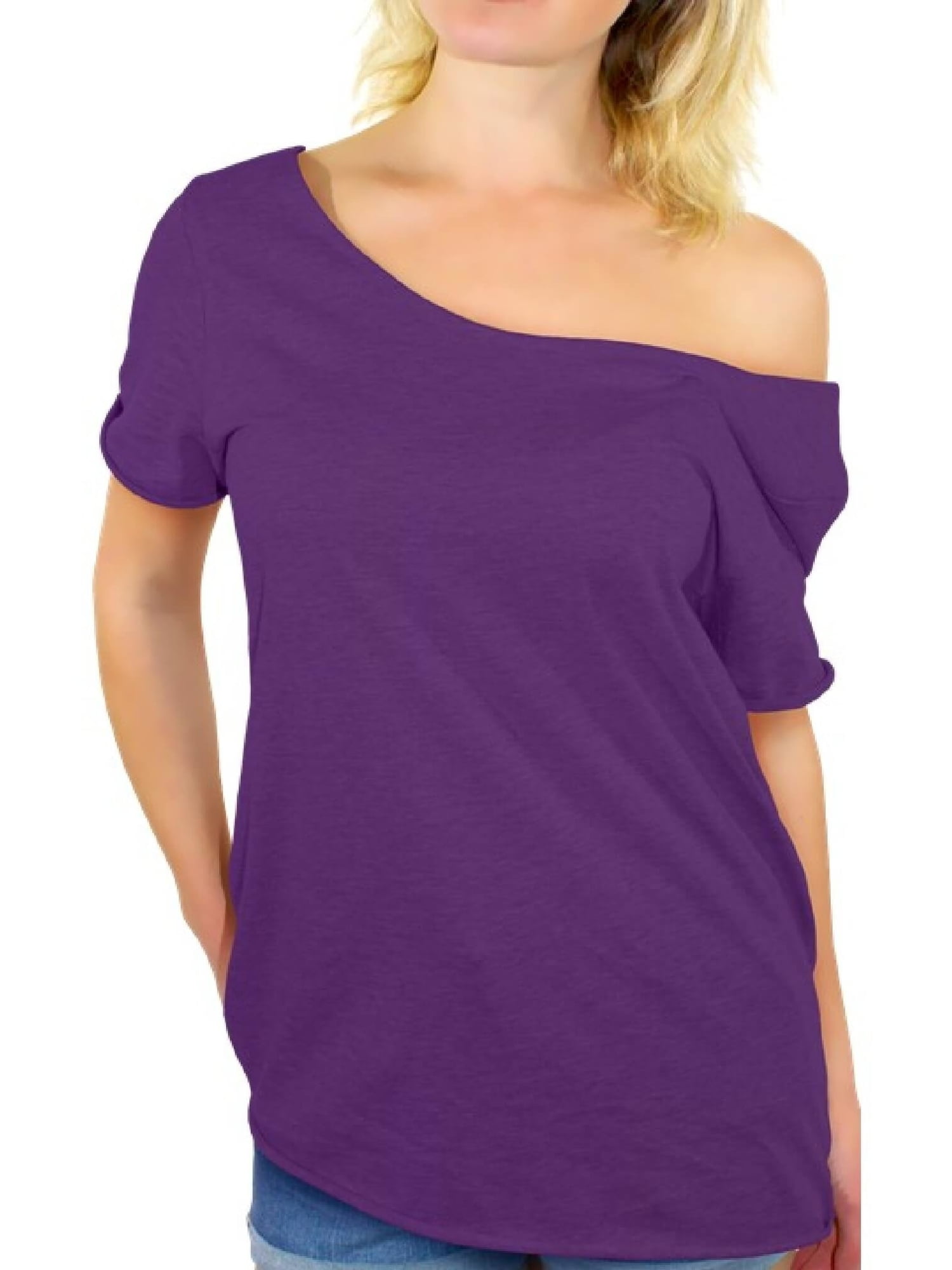purple off the shoulder shirt