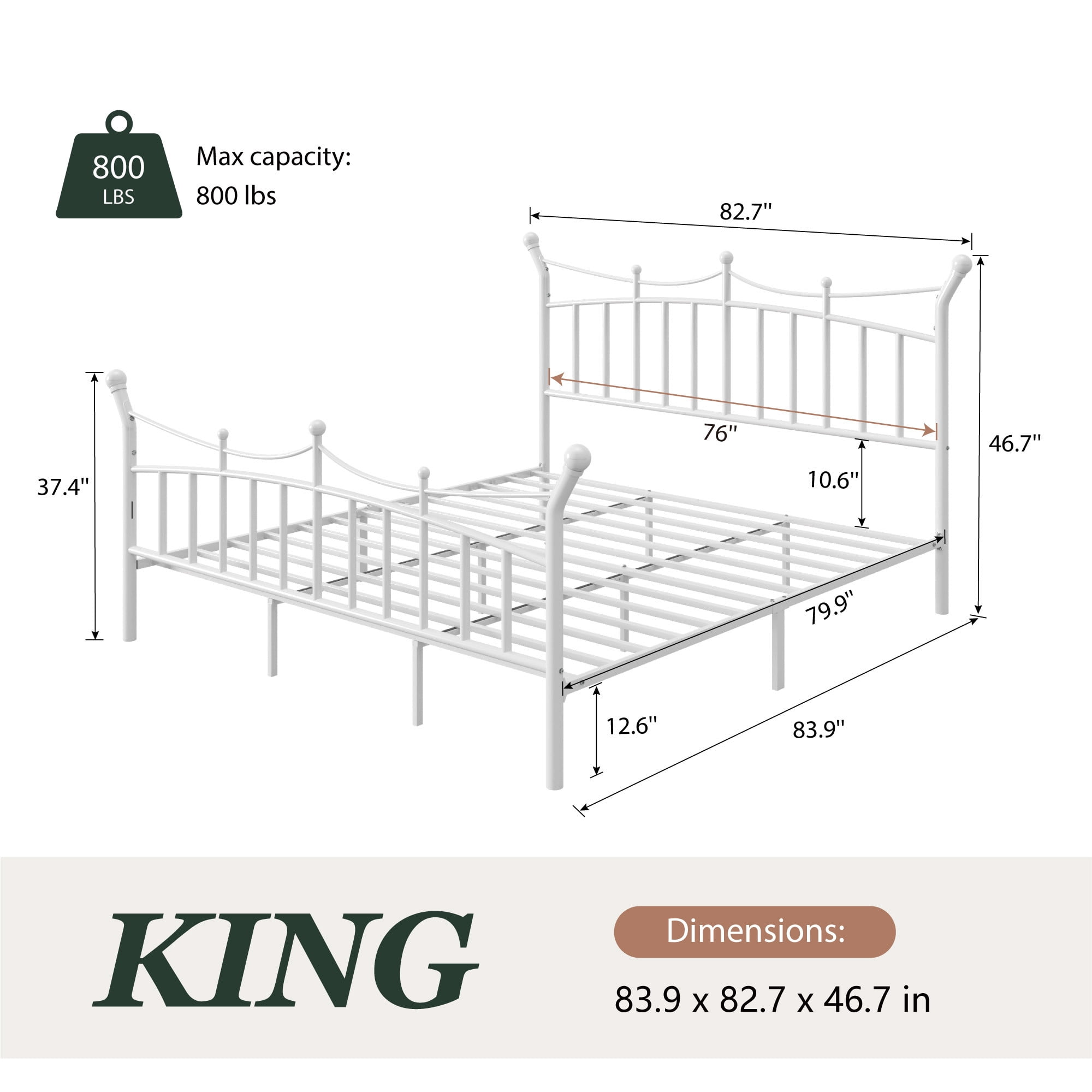Amolife King Bed Frame, Metal Platform Bed with Crown-Shaped Headboard and Footboard, 12.6'' Under-Bed Storage Space, No Box Spring Needed, White
