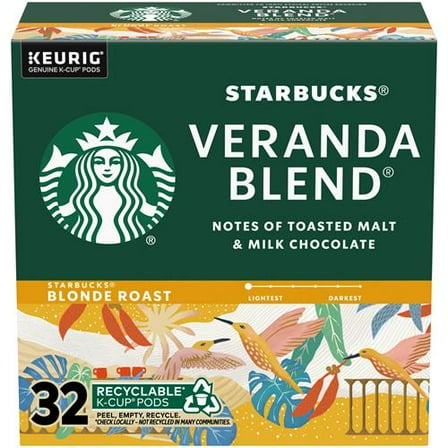Starbucks K-Cup Coffee Pods, Starbucks Blonde Roast Coffee, Veranda Blend, 100% Arabica, 1 Box (32 Pods) - Pack of 2