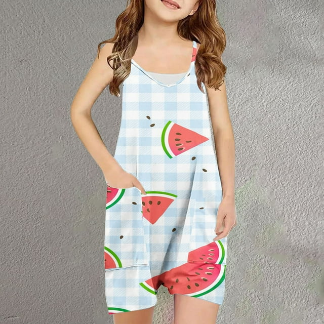 Sentmoon Girls Summer Rompers V Neck Spaghetti Strap Short Jumpsuits Watermelon Print Side Pockets Sleeveless Loose Bib Outfits Trendy Girls for Lounge at Home Light Blue 11 Years