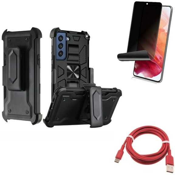 Privacy Screen Protector & Case Belt Clip & 6ft USB-C Cable for Samsung Galaxy S22 (6.1") - TPU Film Fingerprint Works & Holster Swivel & Red Charger Cord Accessory Bundle