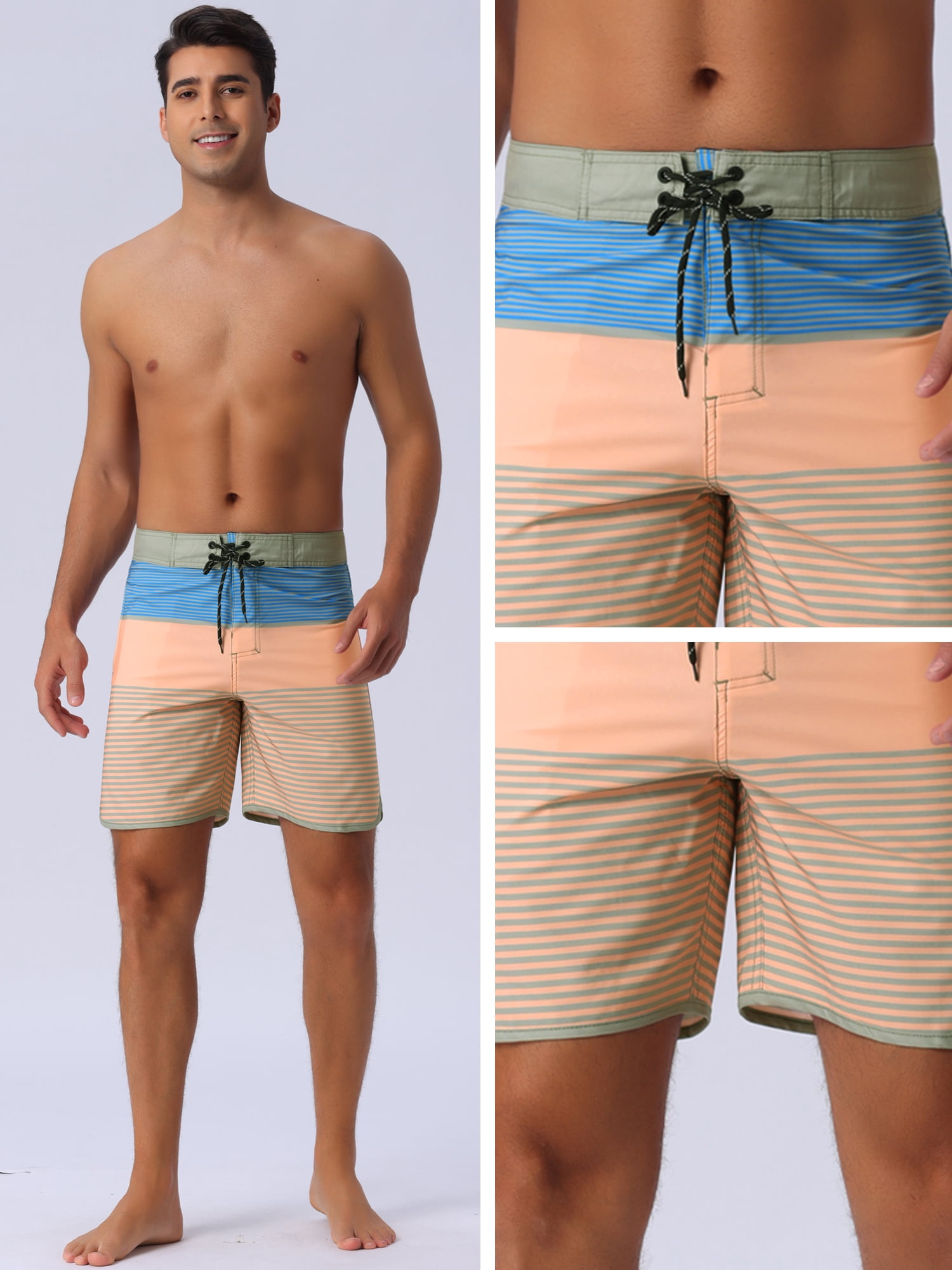 DARING DIVA Men's Color Block Drawstring Waist Pool Beach Striped Swimming Shorts 36 Orange
