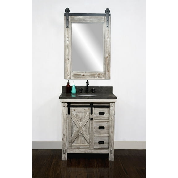 InFurniture WK8530-W-WK TOP 30 in. Rustic Solid Fir Barn Door Style Single Sink Vanity in White Wash with Limestone Top & Oval Sink - No Faucet - 31 x 34.6 x 22 in.