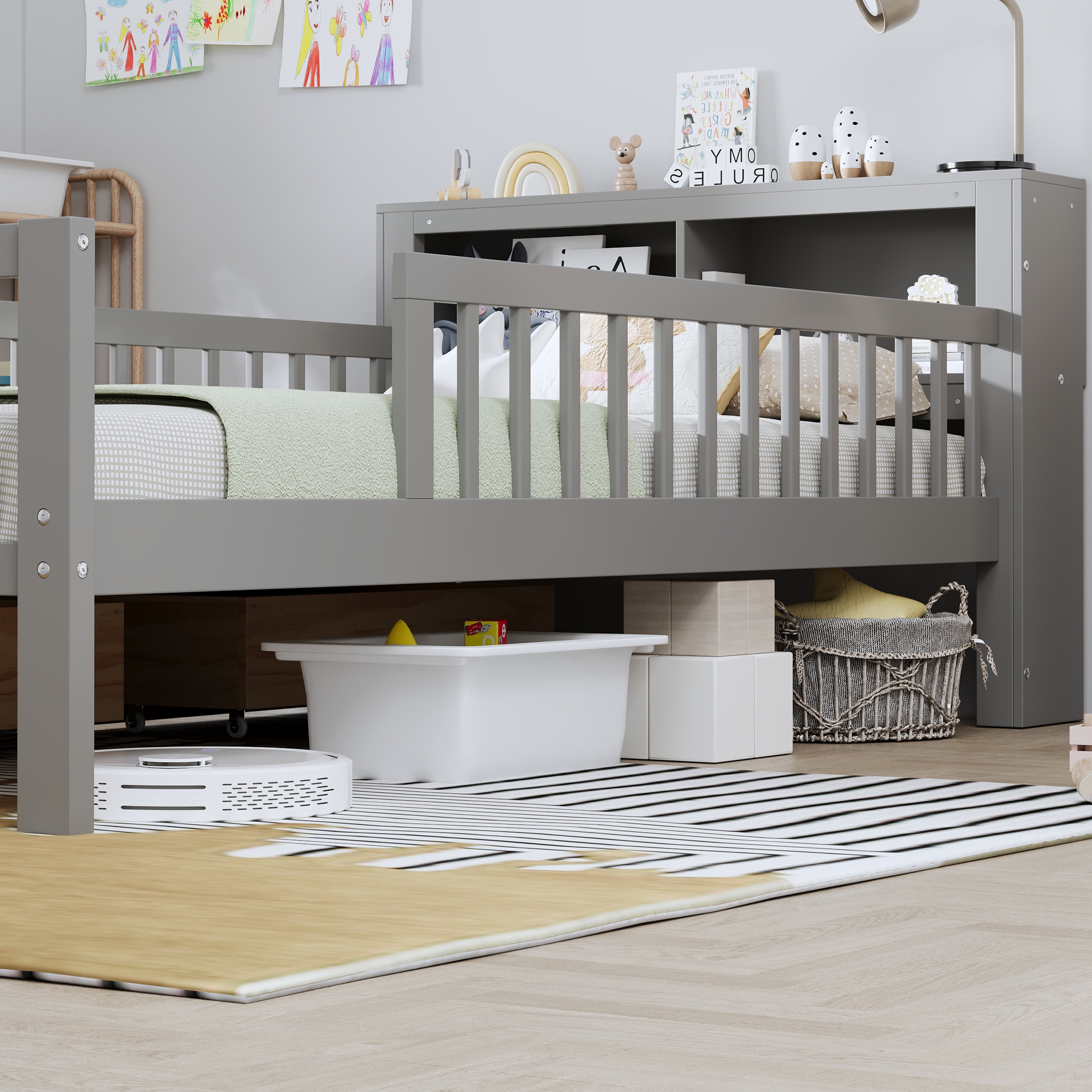 Euroco Wood Twin Size Platform Bed with Storage Headboard and Drawers, Low Profile Bed with Guardrails for Kids and Toddlers, Gray