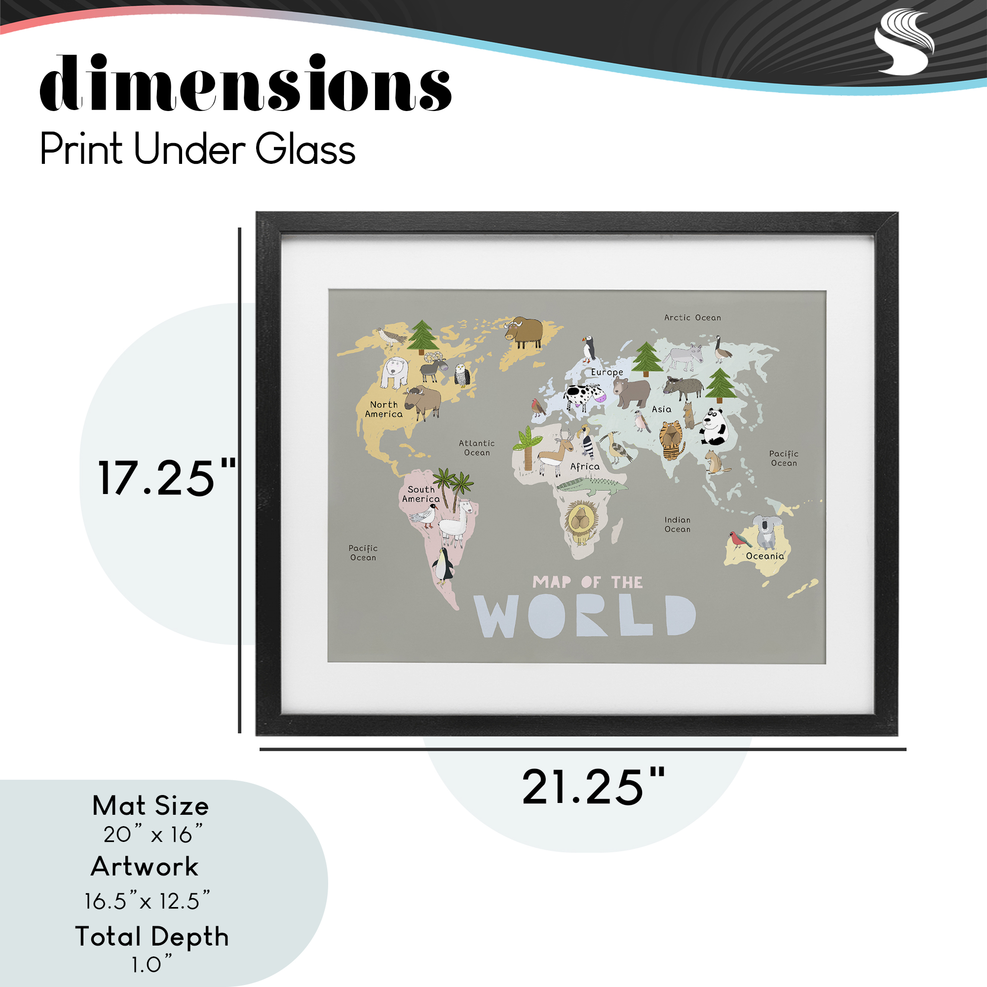 Kid's Map Of World Grey Black Framed Print Under Glass, design by Carla Daly