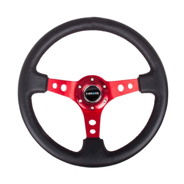 NRG Innovations NRG-RST-006RD Volant Renforcé - Volant Sport 350mm (3 Pouces de Profondeur) - Rayon Rouge avec Trous Ronds, Cuir Noir