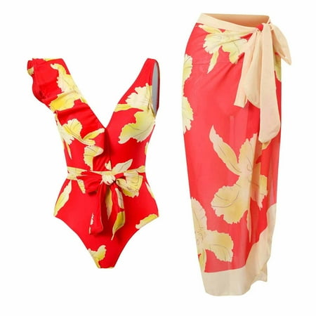 nerohusy Matching Bathing Suits One Piece Bathing Suit for Women with Beach Cover up Wrap Skirt Two Piece Swimsuit Sarong Retro Floral Print Bikini Set S