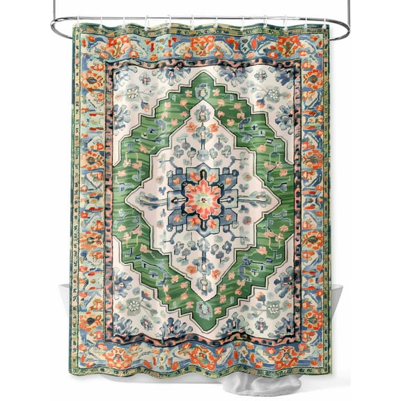 Retro Boho Shower Curtain, Aztec Southwest Tribal Floral Pattern Bathroom Decor Curtains Set with Hooks, Green Orange Waterproof Fabric Home Accessories， 72 X 78 Inch Long