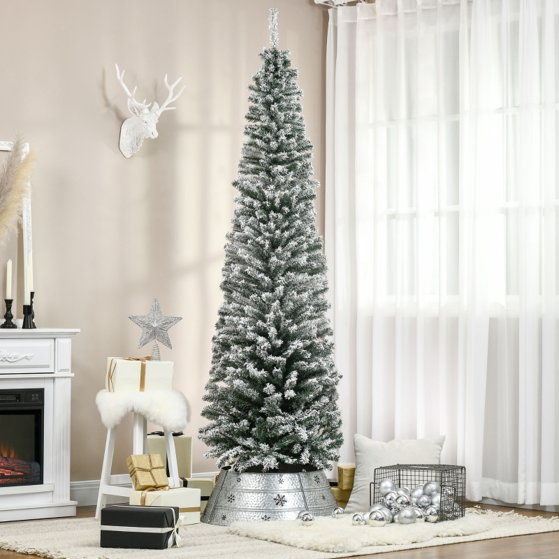 Alvantor Flocked Pencil Christmas Tree with Snow Tips, Dense Branches, Metal Stand 7.5ft Green
