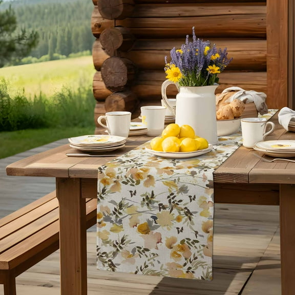 Farmhouse Abstract Wildflower Table Runner 13x90in Non-Slip Cotton Linen Table Runners, Retro Watercolor Yellow Floral Dresser Scarves TableRunner for Dinner Kitchen Dining Wedding Party