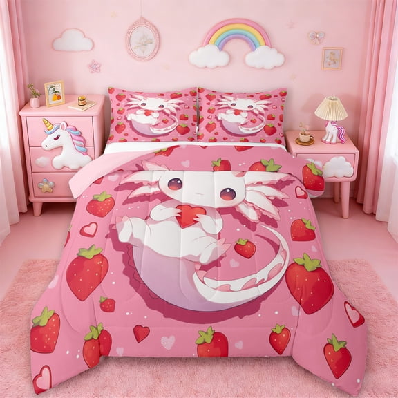 Manfei Ocean Animal Axolotl Bedding Comforter Set,Pink Salamander Twin Comforter SetsRed Starwberry Bedding Set For Girls Boys,Luxury Bedroom Decor Reversible,2 Pieces