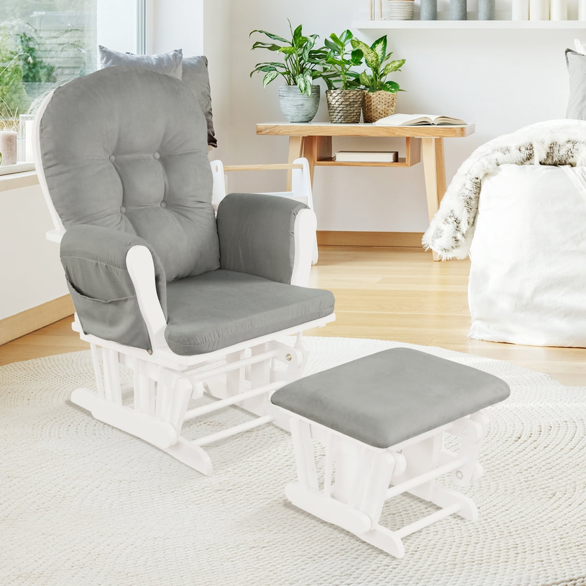 Topbuy Rocking Chair Baby Nursery Chair Glider with Ottoman &Storage Pocket Light Grey