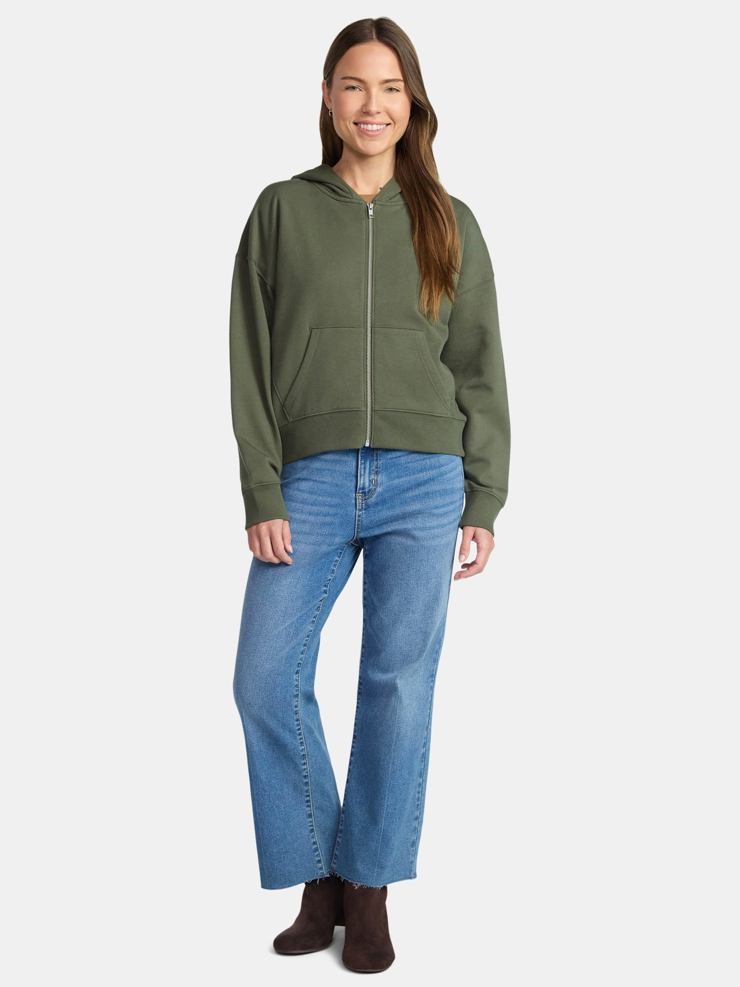Time and Tru Women's Cropped Zip Up Fleece Hoodie, Sizes XS-XXXL