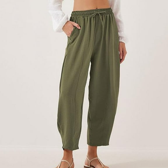 LEBONYARD Womens Casual Wide Leg Pants High Waisted,Women's New Summer Solid Color Ice Silk Wrinkled Pants Army Green S