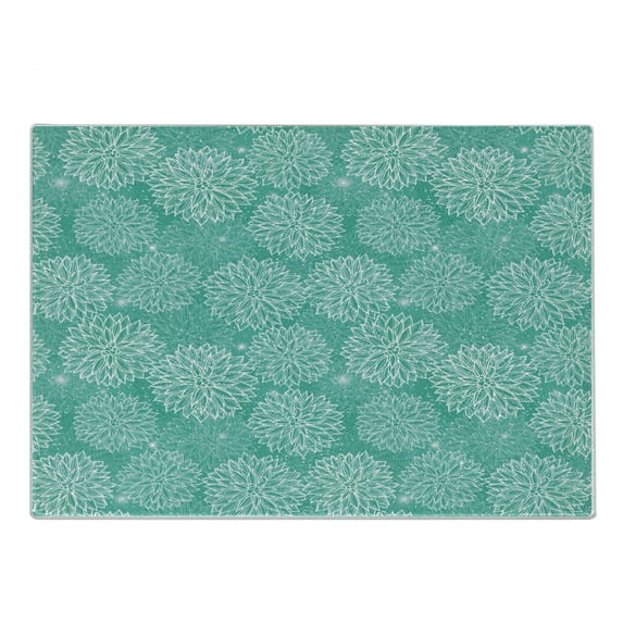Dahlia Flower Cutting Board, Repeating Fashioned Dots Spots Mother Earth Theme Peony Graphic Image, Decorative Tempered Glass Cutting and Serving Board, Small Size, White Teal, by Ambesonne