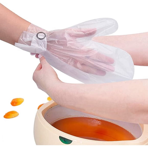200PCS Clear Plastic Disposable Gloves for Paraffin Bath, Large Size Hand Liners for Hot Spa Nail Salon Manicure Pedicure Barber Hair Dyeing, Hands Protective Disposable Mitts with Stickers