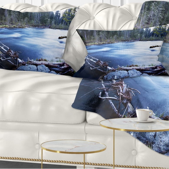 Designart Blue River in Forest At Evening - Landscape Printed Throw Pillow - 12x20