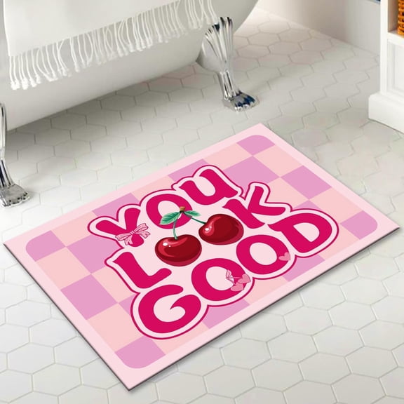 You Look Good Bath Mat - Cute Cherry Bath Mats for Bathroom Floor Decor, Super Absorbent Quick Dry Bathroom Rugs for Tub Shower, Ultra Thin Non Slip Bath Mat Rubber,Pink,30*18inch