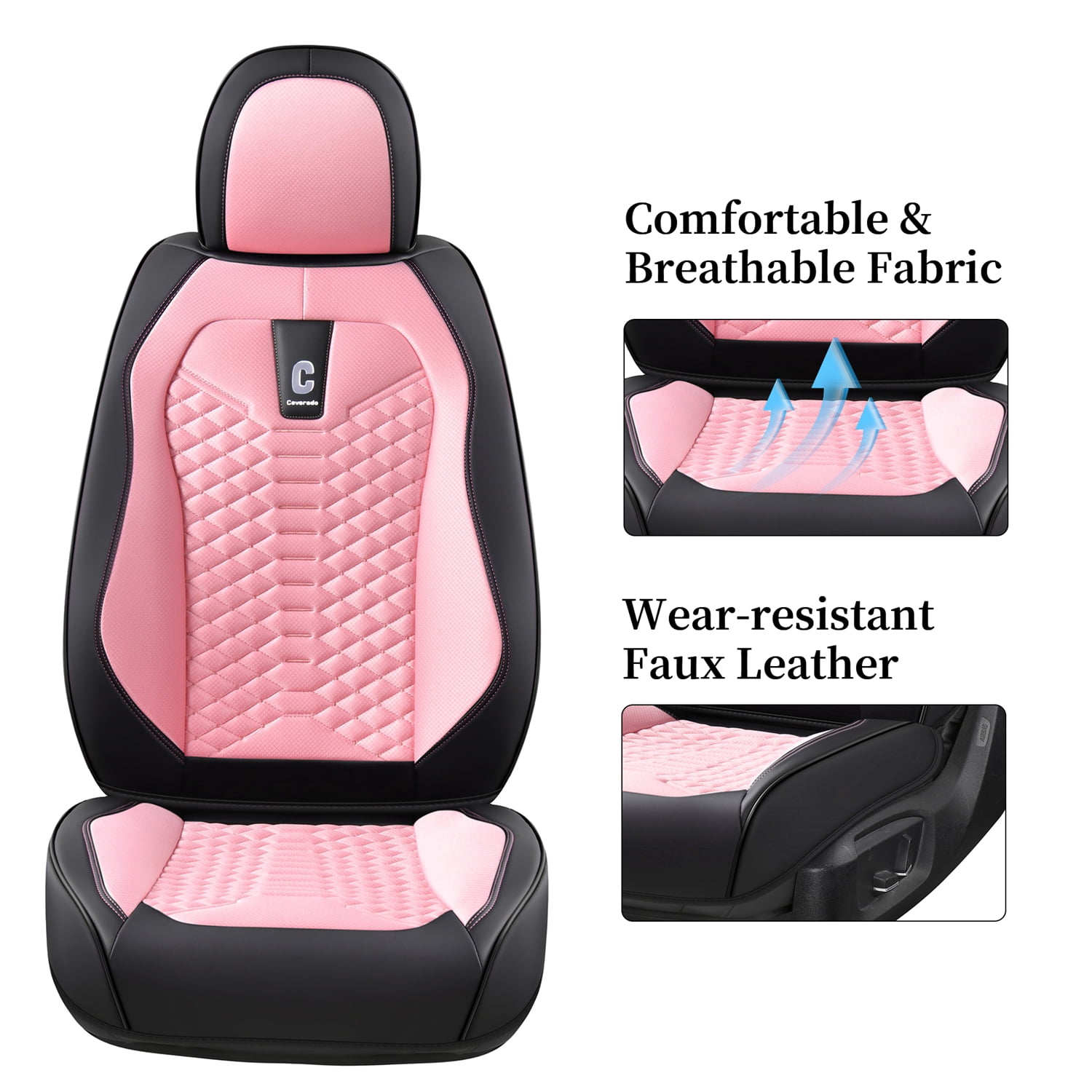 Coverado Pink Car Seat Covers Full Set for Women, 5 Seats Leather&Fabric Breathable Front and Back Auto Protectors, Universal Car Interior Cushions Fit Most Sedans SUV Pickup Trucks