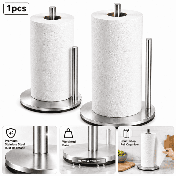 Ustris Paper Towel Holder Silver, Premium Stainless Steel Kitchen Roll Dispenser, Countertop Roll Organizer with Weighted Base