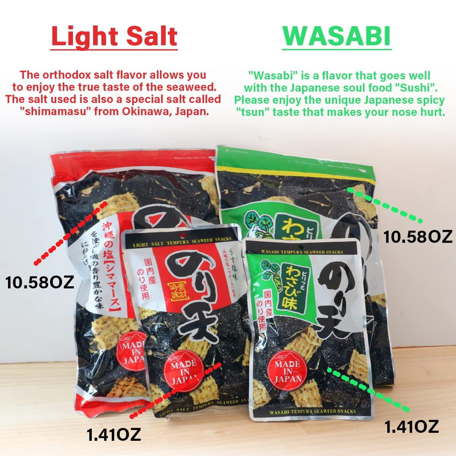 NORITEN Japanese Snacks Tempura Seaweed Snacks Made in Japan Wasabi, 10.58OZ