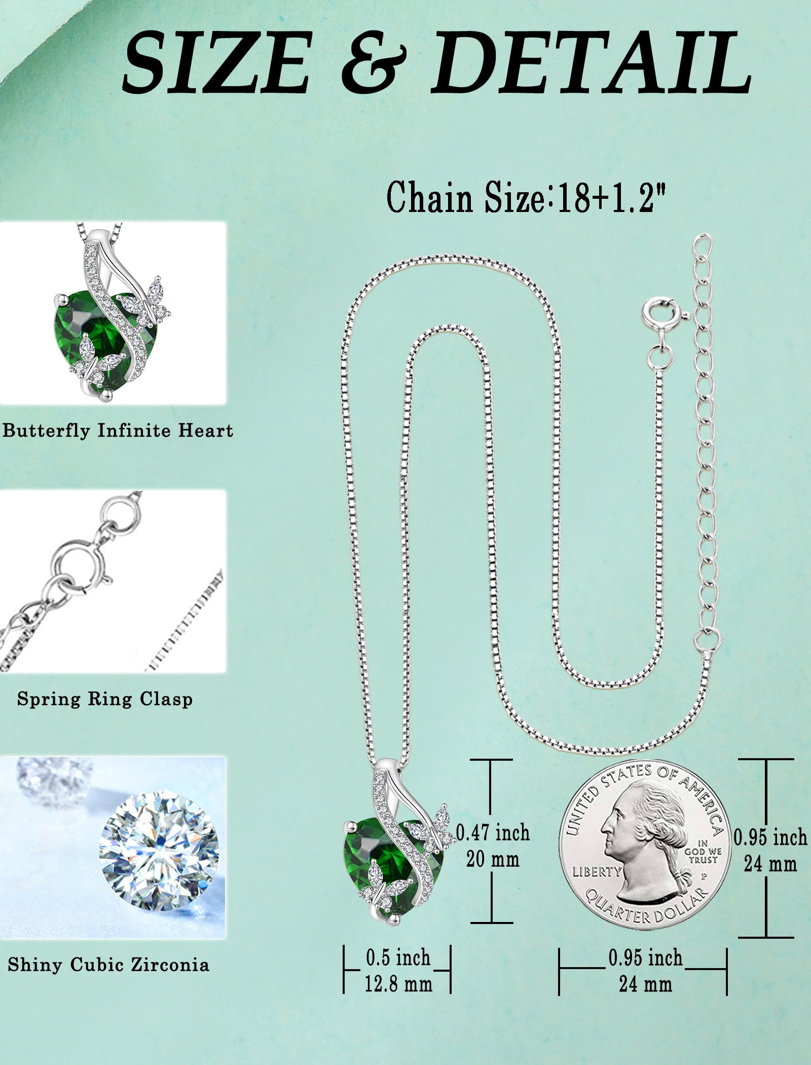 VESITIM Infinite Heart Pendant Sterling Silver Butterfly Necklace for Women Jewelry Gift with Birthstone May Created Emerald