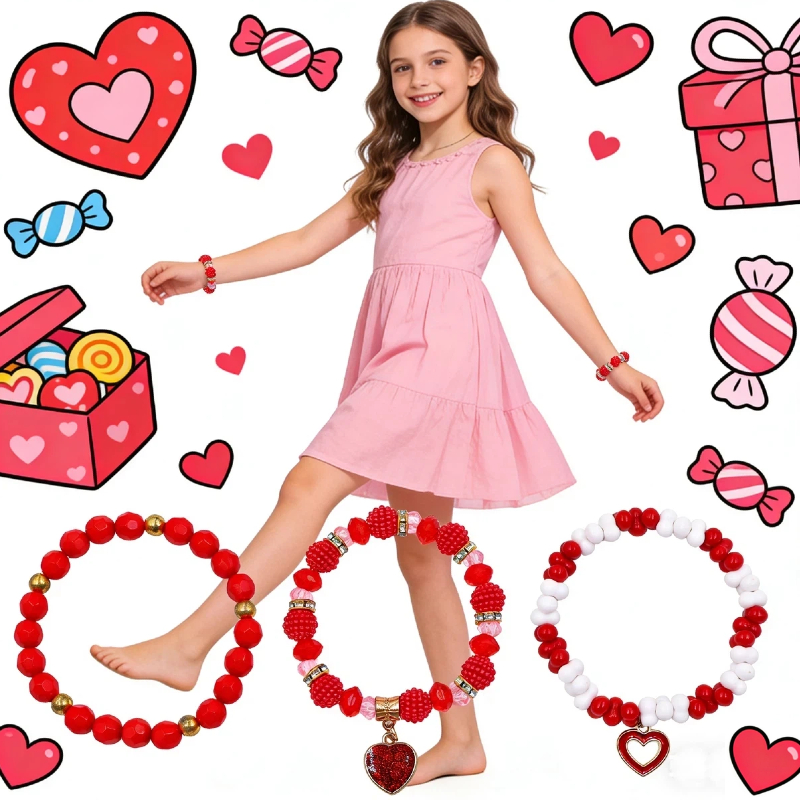 Jinswick 3-Piece Valentine's Day Bracelet Set Ladies Red Heart Charm Bracelet Elastic Bracelet Holiday Birthday Party Gift Wedding Anniversary Gift