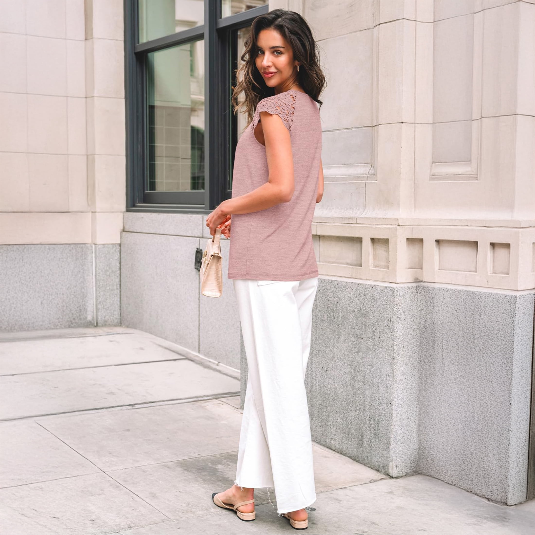 SUNBS Blouses for Women Lace Tops Pleated Short Sleeve Shirts Summer Business Casual Dressy Clothes
