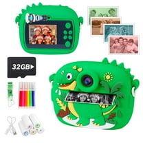 PayUSD Kids Camera Selfie Video Instant Print Birthday Gifts for Christmas Girls Boys Age 3-12 1080P Digital Photos Portable Toddler Toys for 4 5 6 7 8 9 10 Year Old with 32GB SD Card Dinosaur Green