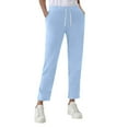 thumbnail image 2 of Bloomae Fall Spring Pants for Women Lightweight Athletic Drawstring Elastic High Waist Joggers with Pockets Loose Comfy Wide Straight Leg Fashion Baggy Lounge Pants Light Blue L, 2 of 7