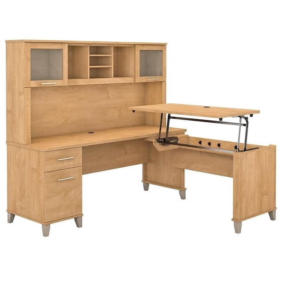 Scranton & Co Furniture Somerset 72W Sit Stand L Desk with Hutch in Maple Cross