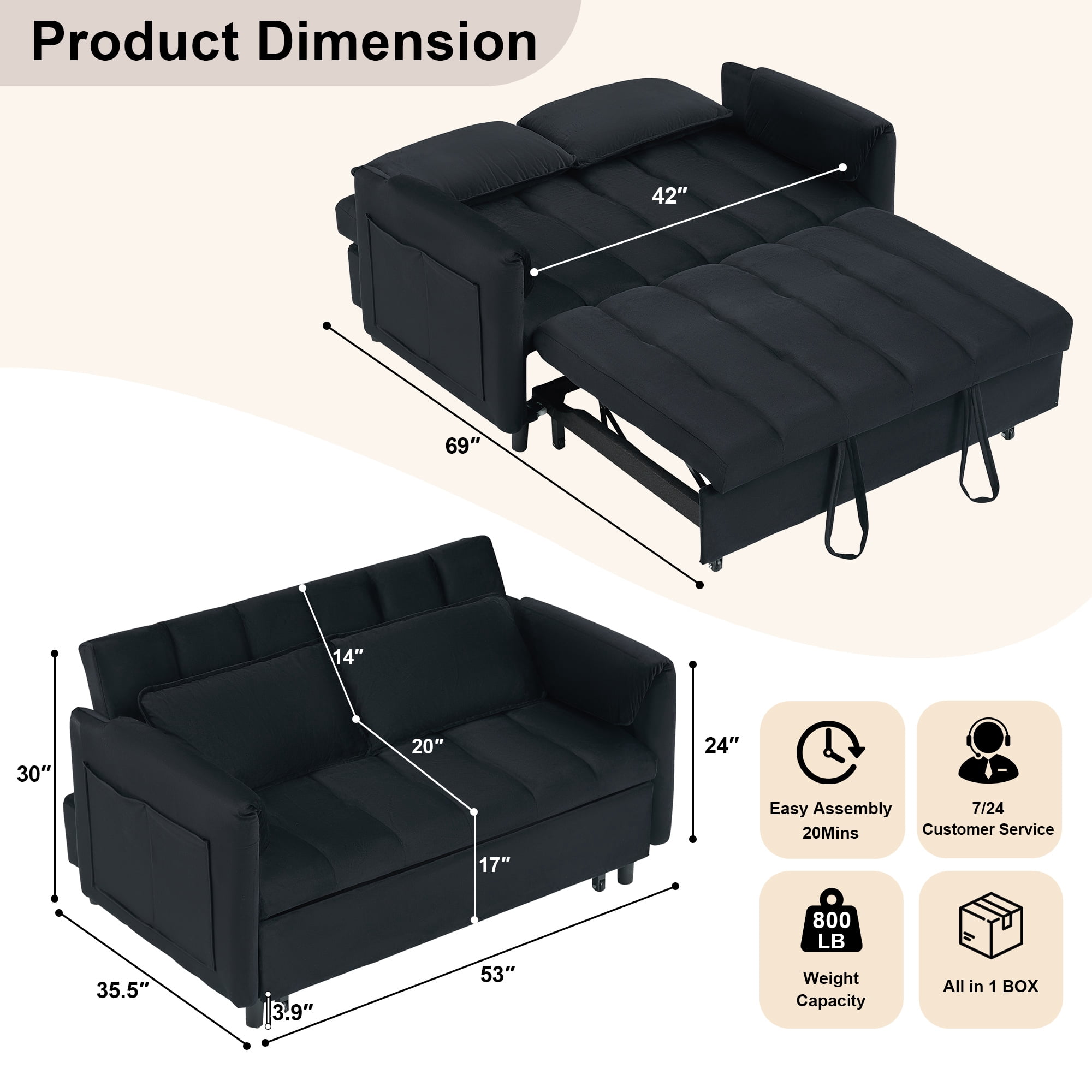 BedLuxury 53" Velvet Convertible Futon Sofa Bed, 3-in-1 Loveseat Sleeper Sofa with Pull Out Bed & Adjustable Backrest for Living Room or Office, Black