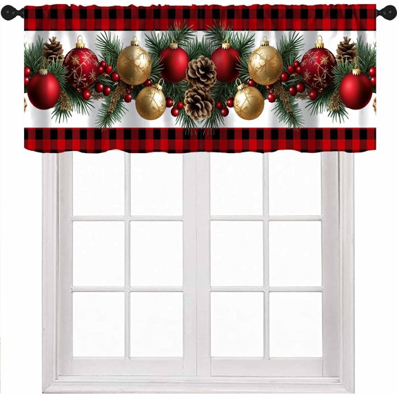 Christmas Valance Curtains, Red Black Buffalo Check Xmas Balls Green Pine Leaves New Year Window Curtain Valances for Kitchen Living Room Bedroom Dinning Room, 54x18 Inch