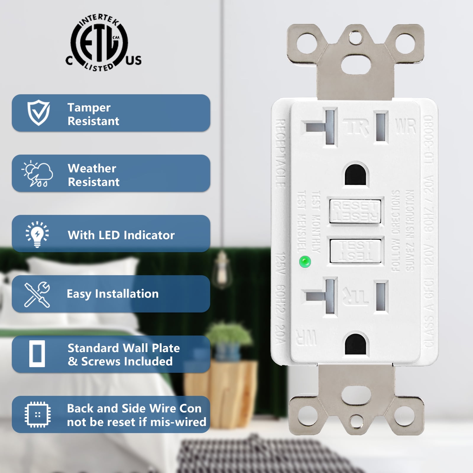 GFCI Outlet 20 Amp, Greencycle 3PK GFCI 20 Amp Ground Fault Electric Plugs, ETL Listed, Tamper-Resistant, Weather Resistant Receptacle Indoor or Outdoor Use with Decor Wall Plates and Screws White