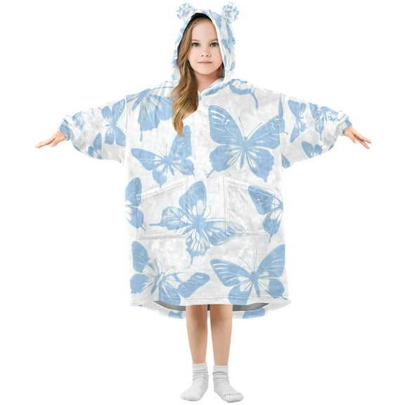 FORMRS Wearable Blanket Hoodie with Sleeves for Kids Cozy Flannel Sweatshirt, Blue Butterfly