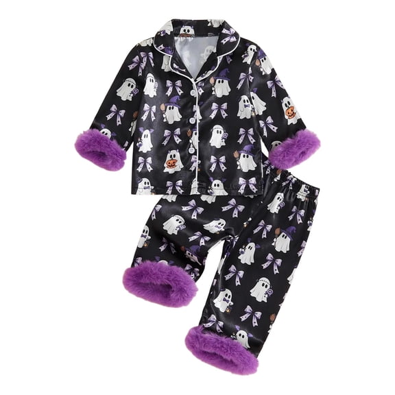 WOYY Newborn Girls Halloween Pajamas Satin Long Sleeve Button Down Shirt Pants Sleepwear