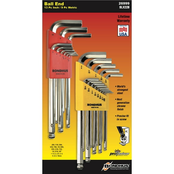 DOBLE PACK DE JUEGOS DE LLAVES HEXAGONALES PLATEADAS MÉTRICAS Y FRACCIONALES 22PZS. BONDHUS 26999 BONDHUS 26999