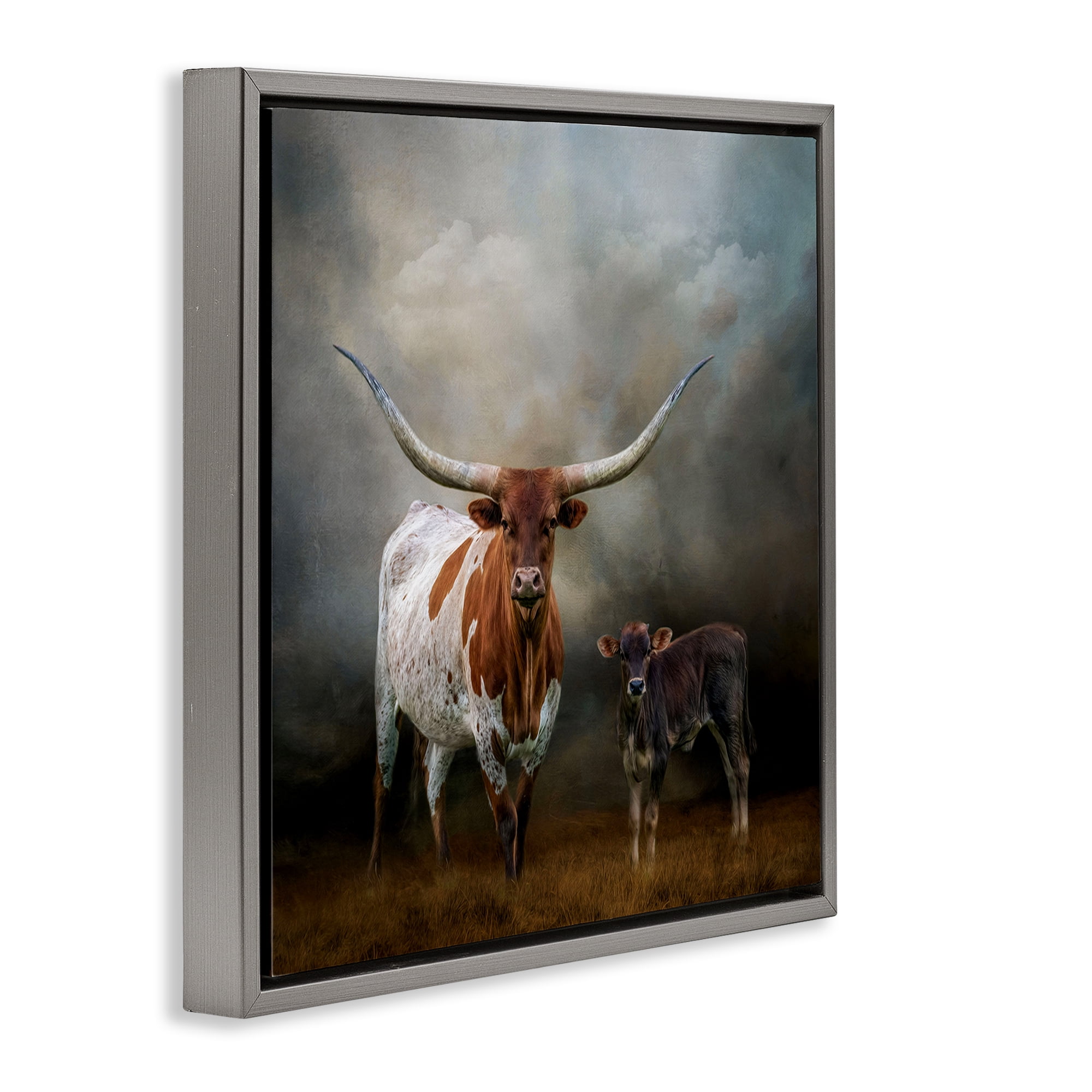 Stupell Industries Longhorn & Calf Babysitter Animals & Insects Painting Gray Floater Framed Canvas Art Print Wall Art, 18 x 18
