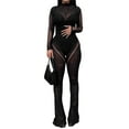 thumbnail image 2 of hirigin Women 2 Piece Outfits, Trendy Long Sleeve Sheer Mesh Patchwork Bodysuit + Flare Pants Set, 2 of 9