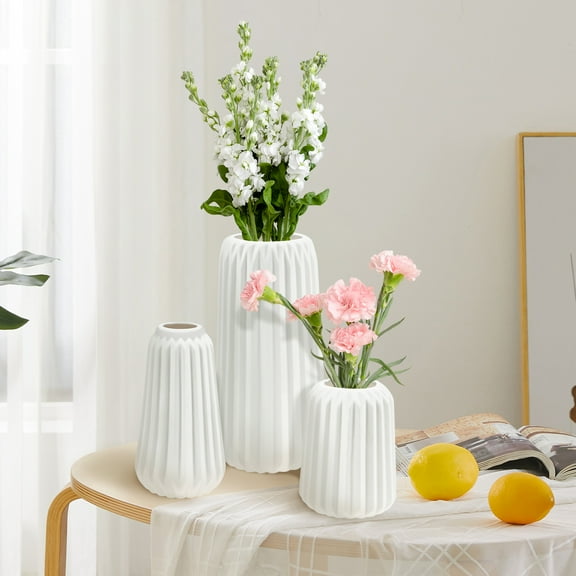 Threns 3Pcs Ceramic Vase Set Decorative Flower Vases Minimalist Ceramic Flower Vase White Farmhouse Vase Modern Home Decor Vases Floral Vase for Bedroom Bookshelf Living Room