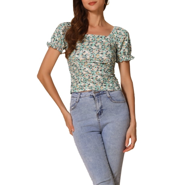 INSPIRAR CHIC Blusa Cortada de Manga Corta con Fruncido y Estampado Floral Verde Menta M