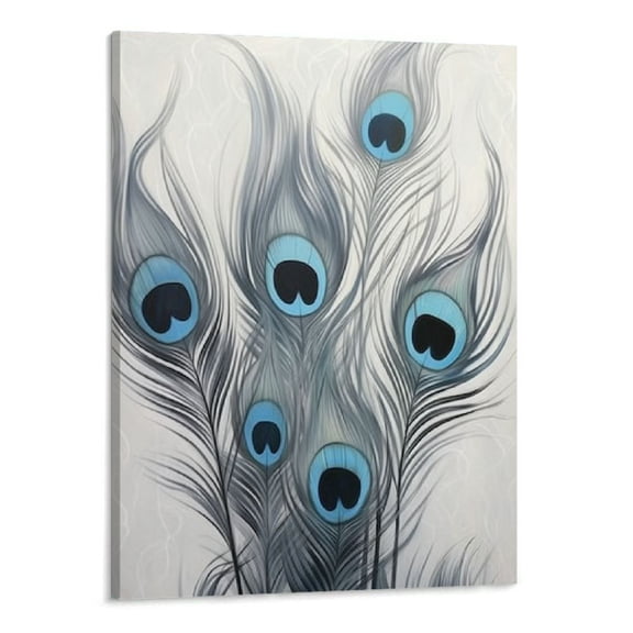 JRXY Peacock Feathers Canvas Wall Art Prints Blue and Grey Abstract Animal Artwork Stretched for Home Living Room Bedroom Decoration 16x20inch 16x20in