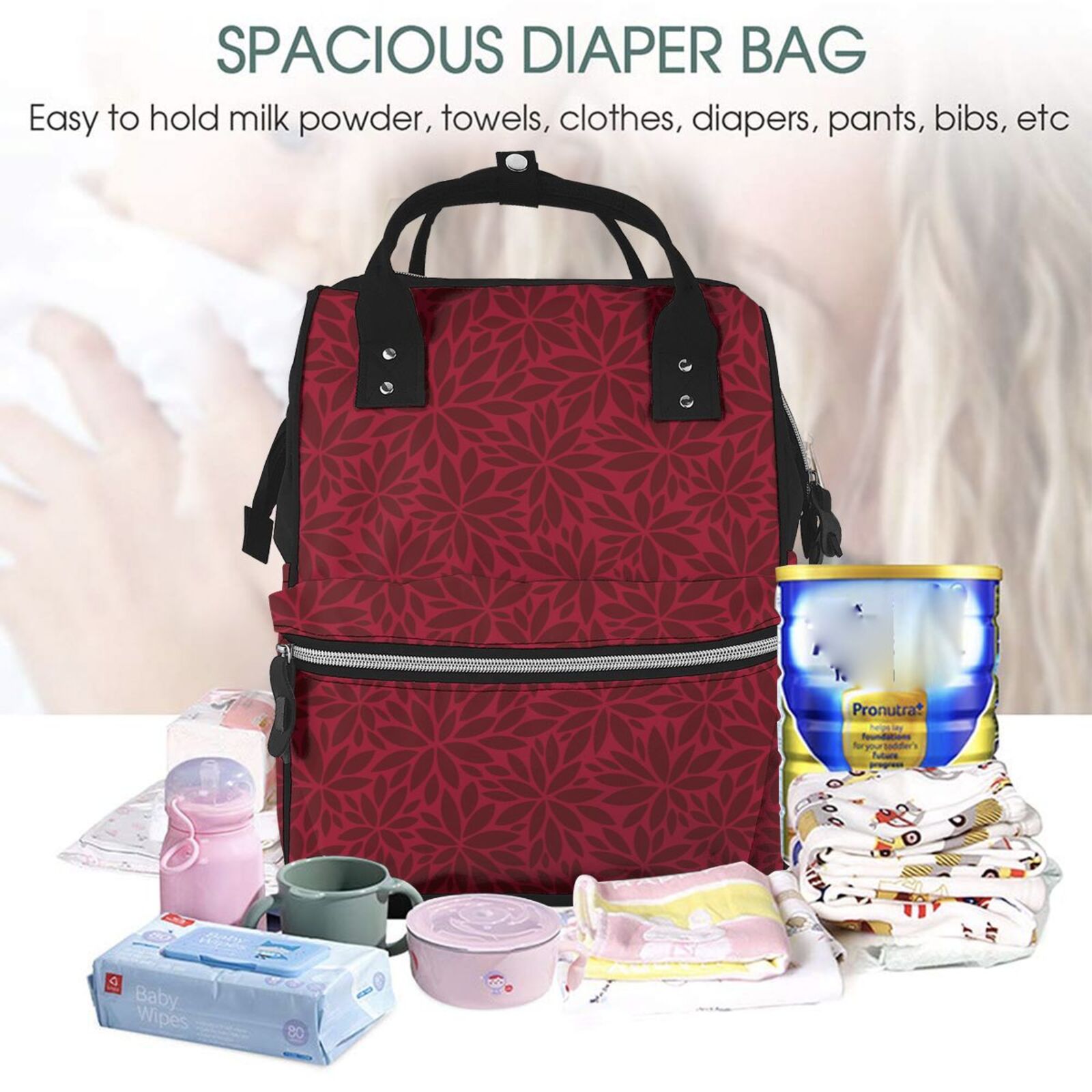 Ratiio Burgundy Floral Mummy Backpack - Waterproof Twill Canvas, Large Capacity Diaper Bag with Multiple Pockets and Adjustable Straps