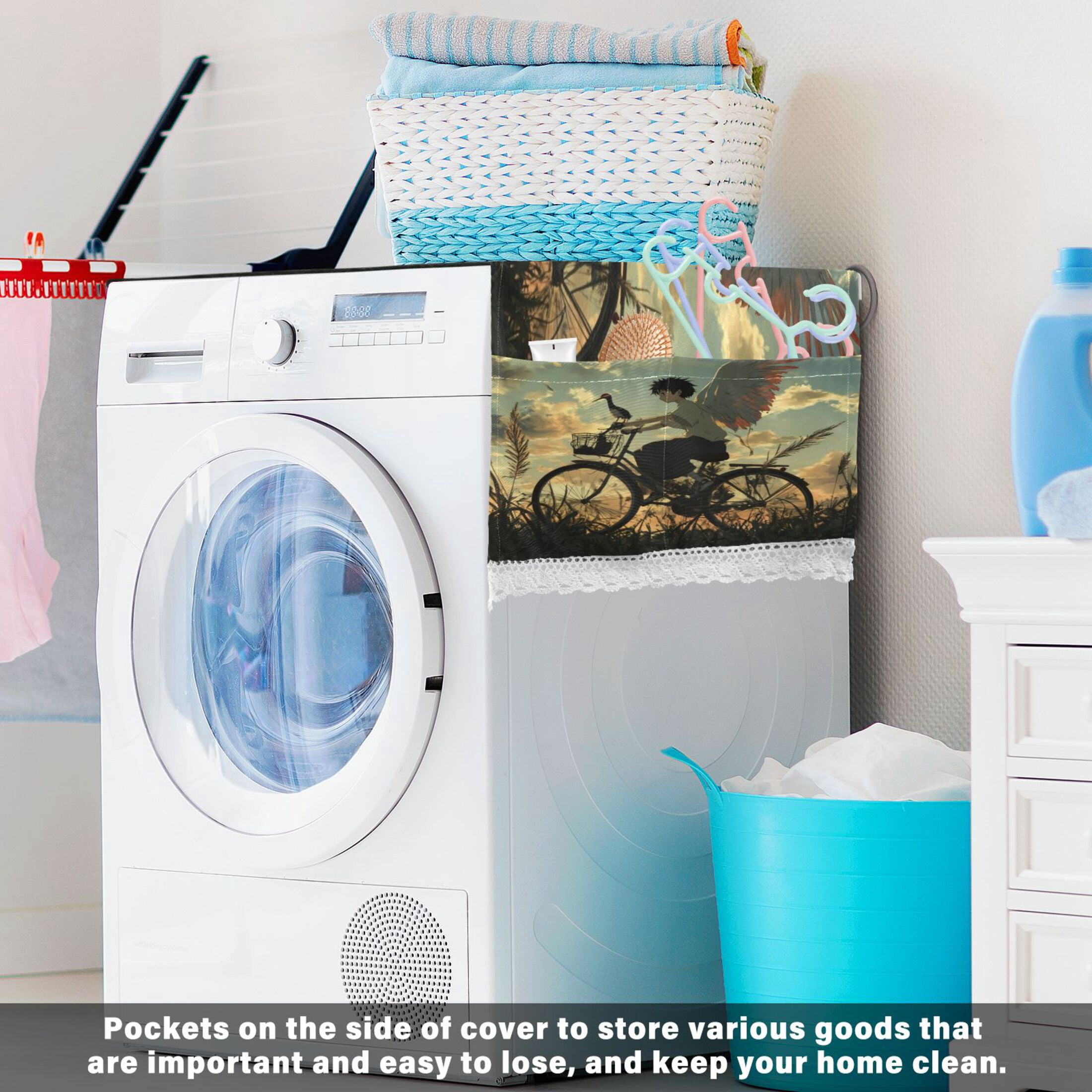 Wild Crane BoyWasher and Dryer Covers Dust-Proof and Oil Resistant Fridge Cover with 4 Storage Pockets Washing Machine Top Cover for Laundry Kitchen Home 51.2 x 22 In