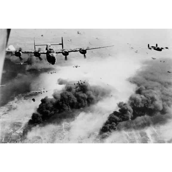 24x36 gallery poster, 15th Air Force B-24 Liberator Bombers fly through flak, Ploesti oil fields raid