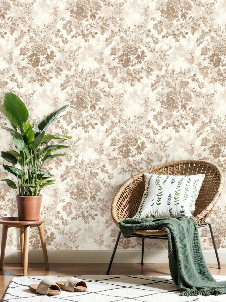 Peel and Stick Wallpaper Vintage Floral Soft Beige Brown Tones Wall Mural 23.6in x 9.8ft Self Adhesive Removable Wall Paper Renter Friendly Wallpaper for Nursery Bedroom Cabinets